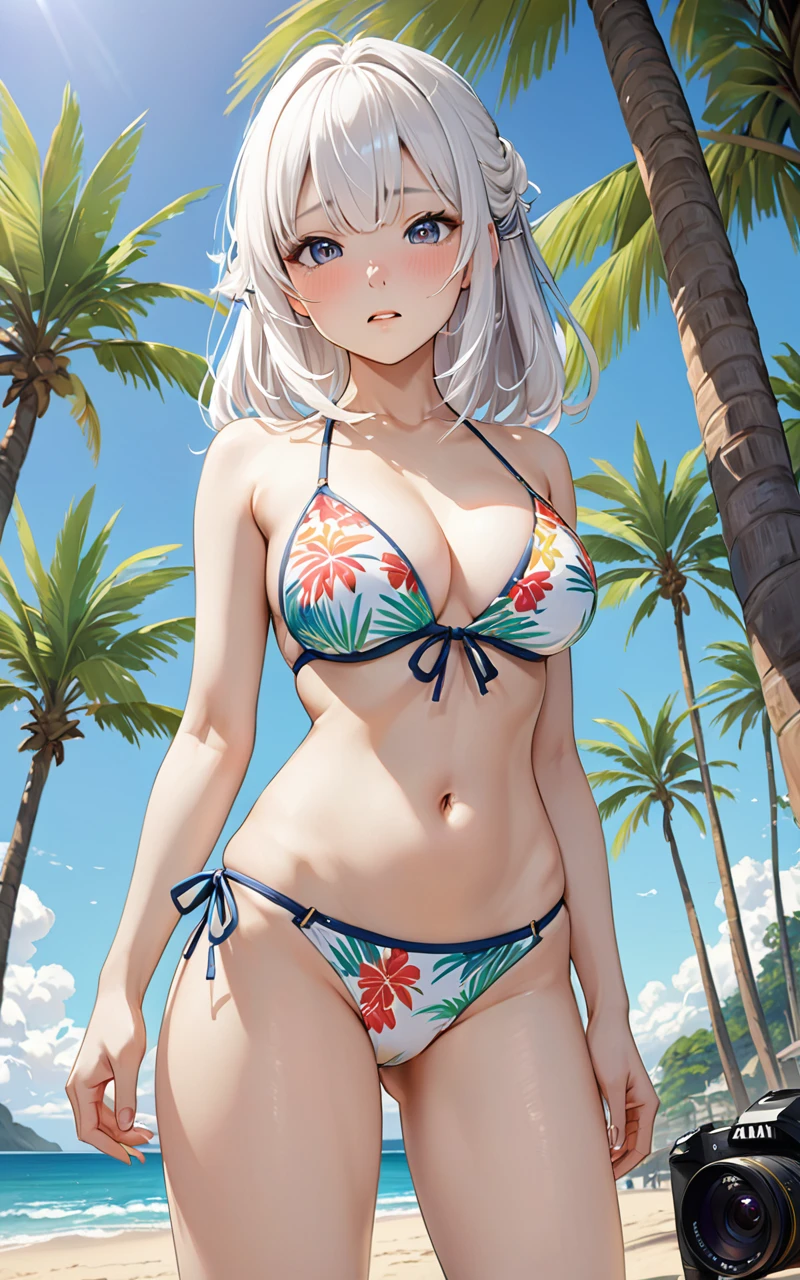 Highest quality、super high quality、16K, J Cup, The expression is embarrassed, bikini, Beach, Palm tree, cloud, The camera angle is from below, Small face、Very delicate facial expressions、Delicate eye depiction、Highly detailed hair、Erotic、The only sexy Japanese woman、Healthy body shape、18-year-old female、long white hair、Sexy long legs、Glowing Skin、Soft Skin、The pose is with the chest pressed together