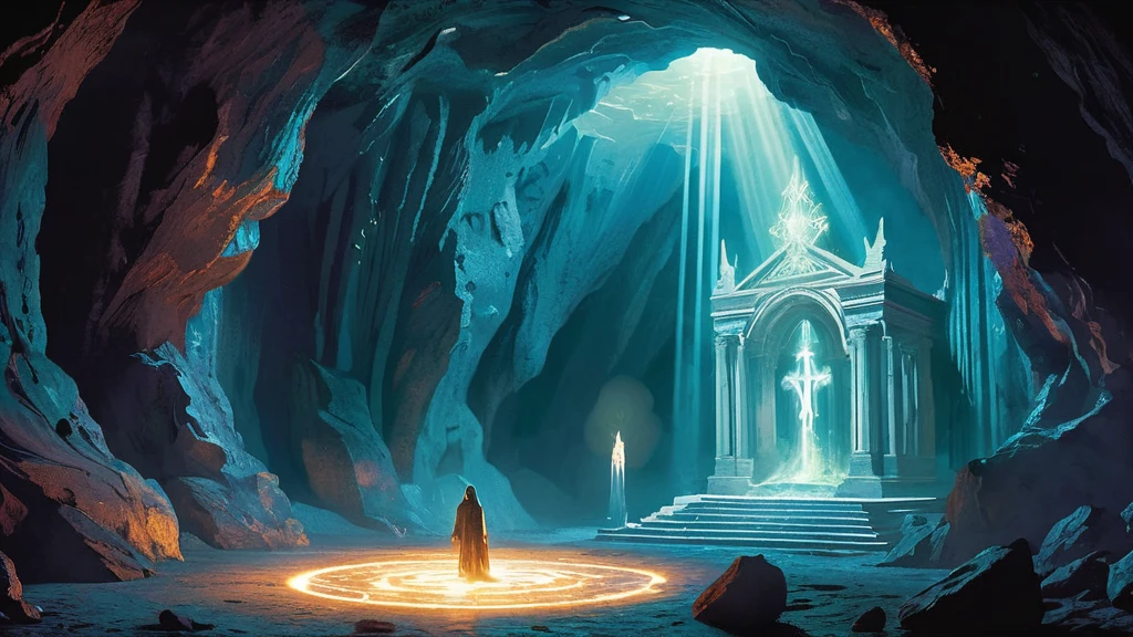 haunting scene where a teenager is being resurrected from the dead in a dark, mystical cave. The cave is shrouded in an eerie, otherworldly glow emanating from luminescent crystals embedded in the rocky walls and ceiling. Shadows play across the damp, rugged surfaces, adding to the sense of ancient, arcane power at work.

The teenager, lying on a stone altar at the center of the cave, is surrounded by intricate runes and symbols carved into the floor, glowing with a ghostly light. As the resurrection magic takes hold, the teen’s body begins to lift slightly off the altar, illuminated by a radiant, ethereal aura. Their eyes, previously closed in death, now flicker open, glowing with an unearthly light that signifies the life force returning to their form.

The atmosphere is charged with a mixture of wonder and dread, as the cave fills with swirling mists and tendrils of magical energy. The scene captures the powerful and mystical moment of resurrection, blending elements of dark fantasy with a sense of ancient ritual and forbidden magic.






