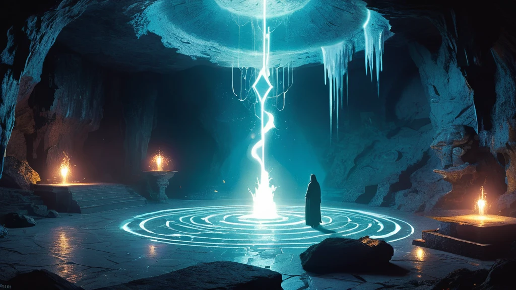 haunting scene where a ager is being resurrected from the dead in a dark, mystical cave. The cave is shrouded in an eerie, otherworldly glow emanating from luminescent crystals embedded in the rocky walls and ceiling. Shadows play across the damp, rugged surfaces, adding to the sense of ancient, arcane power at work.
The teen, lying on a stone altar at the center of the cave, is surrounded by intricate runes and symbols carved into the floor, glowing with a ghostly light. As the resurrection magic takes hold, the teen’s bbegins to lift slightly off the altar, illuminated by a radiant, ethereal aura. Their eyes, previously closed in death, now flicker open, glowing with an unearthly light that signifies the life force returning to their form.
The atmosphere is charged with a mixture of wonder and dread, as the cave fills with swirling mists and tendrils of magical energy. The scene captures the powerful and mystical moment of resurrection, blending elements of dark fantasy with a sense of ancient ritual and forbidden magic.