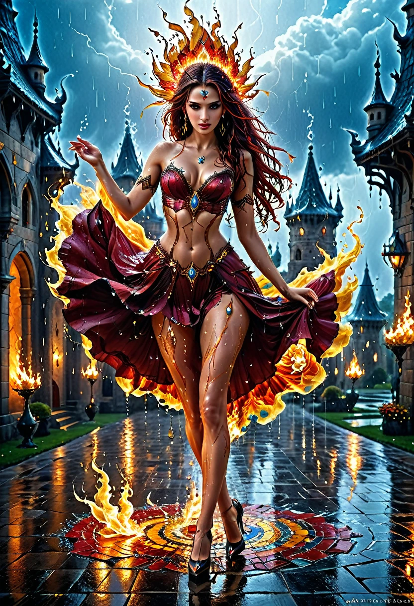 (a photorealistic portrait of a sorceress of fire making fire dance in a storm of rain: 1.5), a most exquisite beautiful sorceress, controlling fire manipulating fire, a woman, dynamic hair color, dynamic hair style, (most beautiful face: 1.3), (ultra detailed face: 1.2), wet hair, wet face, dynamic eyes color, full body shot, wearing dress made of fire, wearing intricate high heels, light make up, dancing in courtyard of a fantasy castle background, ((heavy rain drops: 1.1)), clouds in the sky, (anatomically correct: 1.4), (full body shot: 1.1) , vibrant, Ultra-high resolution, High Contrast, (masterpiece:1.5), highest quality, Best aesthetics), best details, best quality, highres, ultra wide angle, 16k, [ultra detailed], masterpiece, best quality, (extremely detailed), faize, Intense gaze, Cinematic Hollywood Film