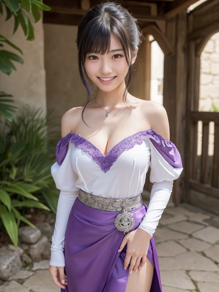 a beautiful japanese girl, very cute high school girl assassin, detailed portrait of innocent 16 year old virgin, in front of a lord's manor at the main entrance, (off-shoulder silver breastplate), (purple long slit skirt:1.2), (purple arm cover, silver booties), ((full body, standing, come into the house:1.1)), ((a coquettish smile, white teeth, open mouth:1.2)), greeting, blushing, fidgeting hands, translucent skin, hands clasped in front, small breasts, cleavage, glossy straight medium black hair, asymmetrical bangs,  ((best quality, 4k, 8k, highres, masterpiece, ultra-detailed, realistic, photorealistic, photo-realistic, intricate detail, highly realistic:1.3)), dramatic lighting, muted color palette, cinematic composition, emotional portrait