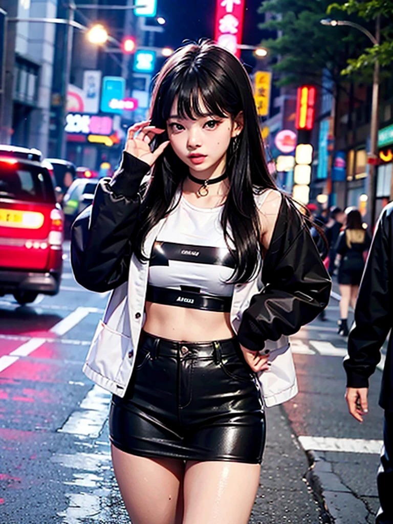 Jennie Kim, the iconic BLACKPINK rapper and singer, with swollen lips, thick and fleshy, sparkles of your lip gloss, is in Seoul on a rainy day. Despite the downpour, she radiates confidence and style as she walks through the city's busy streets. Her black trench coat matches perfectly with her transparent umbrella., creating a sleek, modern silhouette. Her black hair is wet and stuck to her face, but this only serves to enhance your natural beauty. A faint smile plays on his lips, as she observes the world around her with an air of mystery. City lights flicker and reflect in puddles of water, creating a vibrant and lively urban setting.