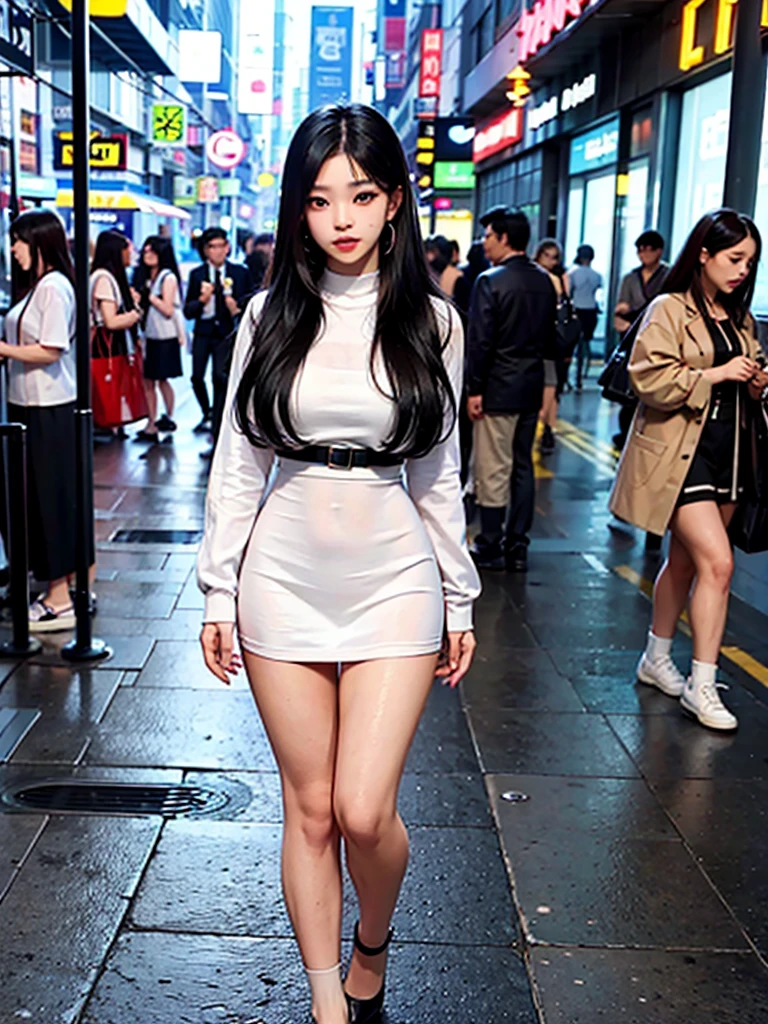 Jennie Kim, the iconic BLACKPINK rapper and singer, with swollen lips, thick and fleshy, sparkles of your lip gloss, is in Seoul on a rainy day. Despite the downpour, she radiates confidence and style as she walks through the city's busy streets. Her black trench coat matches perfectly with her transparent umbrella., creating a sleek, modern silhouette. Her black hair is wet and stuck to her face, but this only serves to enhance your natural beauty. A faint smile plays on his lips, as she observes the world around her with an air of mystery. City lights flicker and reflect in puddles of water, creating a vibrant and lively urban setting.
