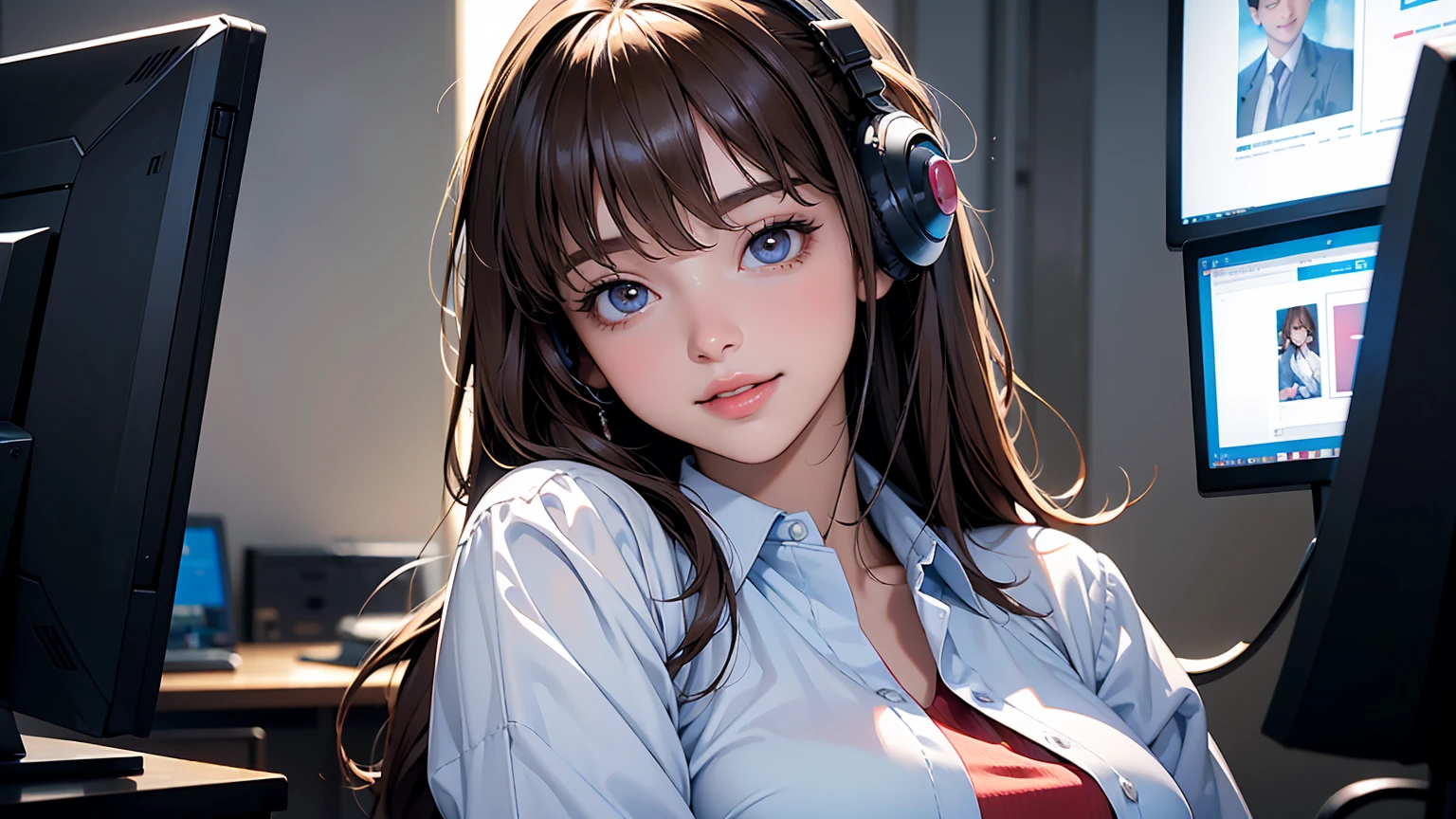 masterpiece、high resolution 8k、NSFW、sharp focus、contrast lighting、fine skin、muste piece、 highest quality、Ultra - High resolution、Super high resolution、Highly detailed CG、stock exchange、large office room、many large monitors、desk computer、trading、document、stock、chart screen、Horizontal focus male OL、woman is wearing a pair of blue headphones. She is smiling and seems to be enjoying a pleasant moment of relaxation.、beautiful eyes、(Detailed face and iace:1 2)、narrow eyes、almond eye、Black pupil、eye gradation eye highlight:1.2)、(light reddish brown hair、middle、asymmetrical bangs)、(ID card、Blazer for office wear shortage、white cutter shirt、black pencil skirt、pumps)、(plump lips、gross、glossy lips、small breast size) 、(oval face : 1.4)、(thin fingers、fine arms、detailed human hand)、laughter half open、teeth visible