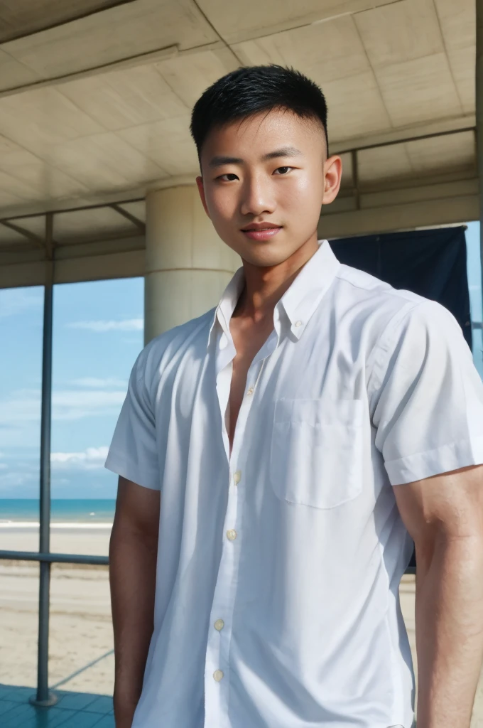 A young Asian man with large muscles looks at the camera. In a white button-down shirt , seaside beach sunlight looking at the airport