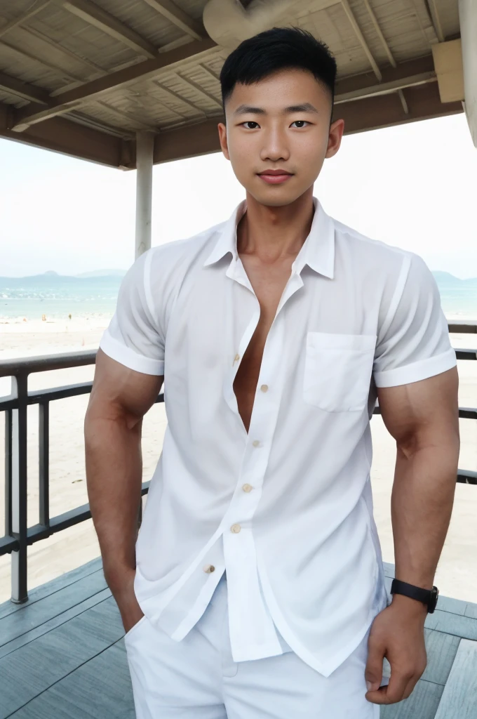 A young Asian man with large muscles looks at the camera. In a white button-down shirt , seaside beach sunlight looking at the airport