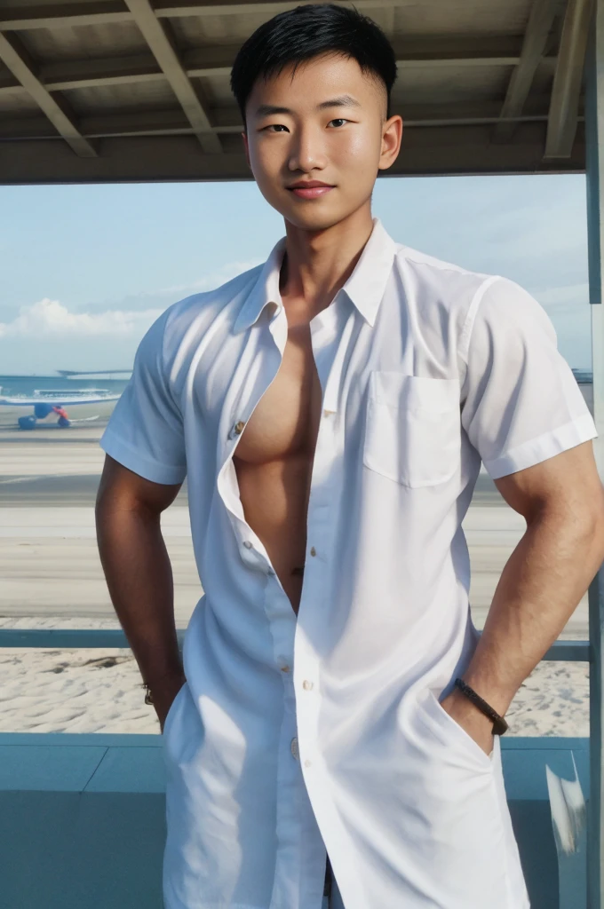 A young Asian man with large muscles looks at the camera. In a white button-down shirt , seaside beach sunlight looking at the airport