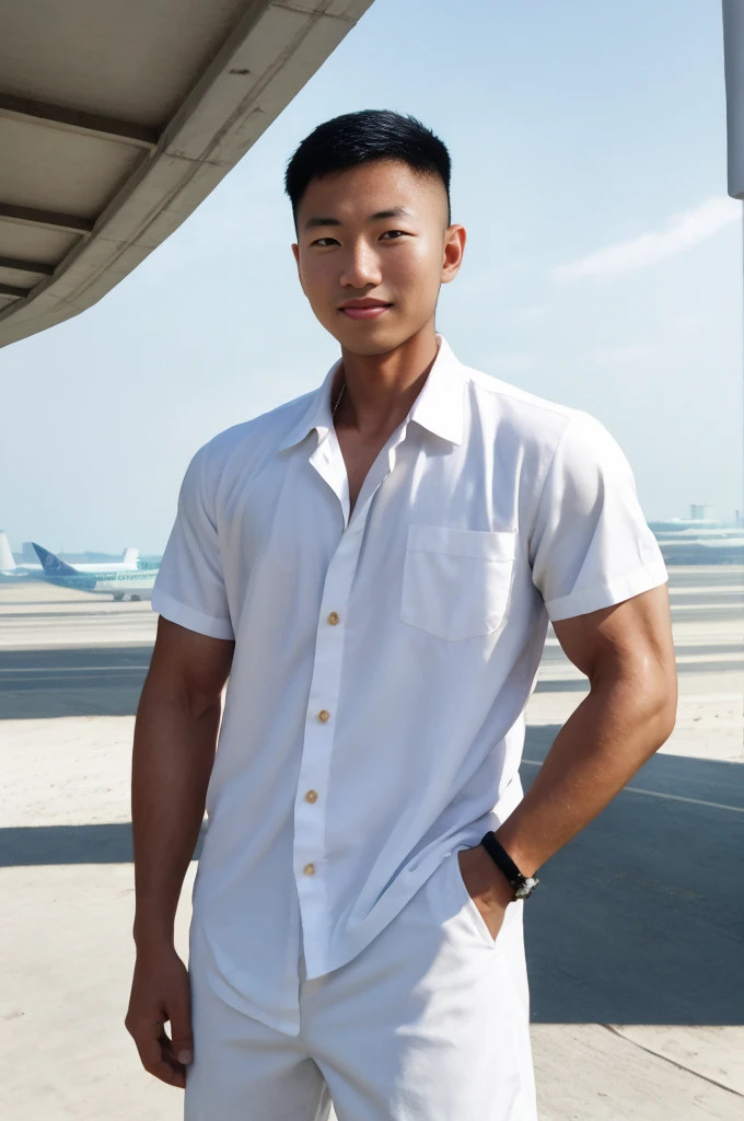 A young Asian man with large muscles looks at the camera. In a white button-down shirt , seaside beach sunlight looking at the airport