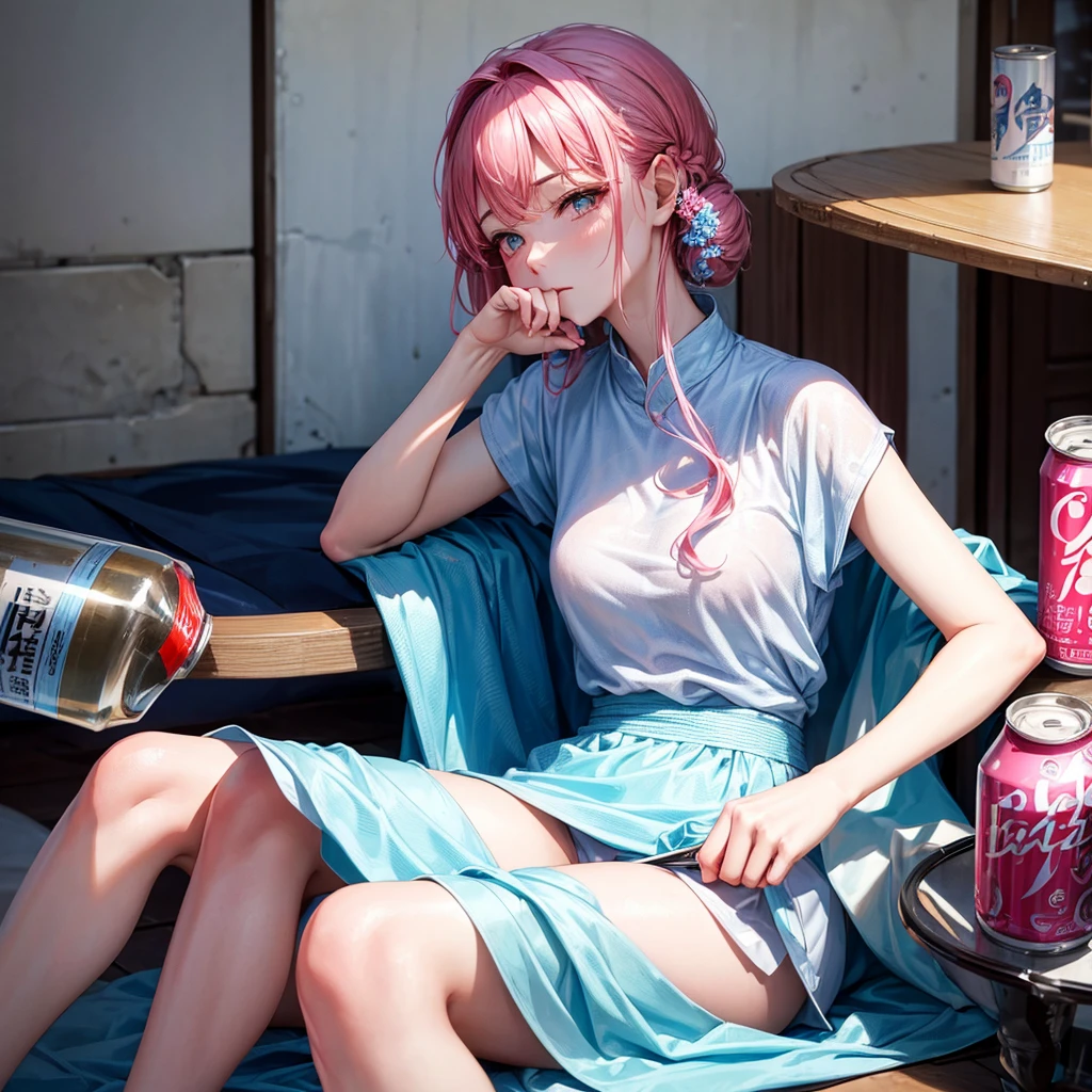 Elegant woman Drinking from a pink and blue can at home, inside the can、 &quot;By oneself&quot; It is written there, Drinking, Duan, Laid back, Be red in the face, glinting, unwind, slightly drunk, productphoto