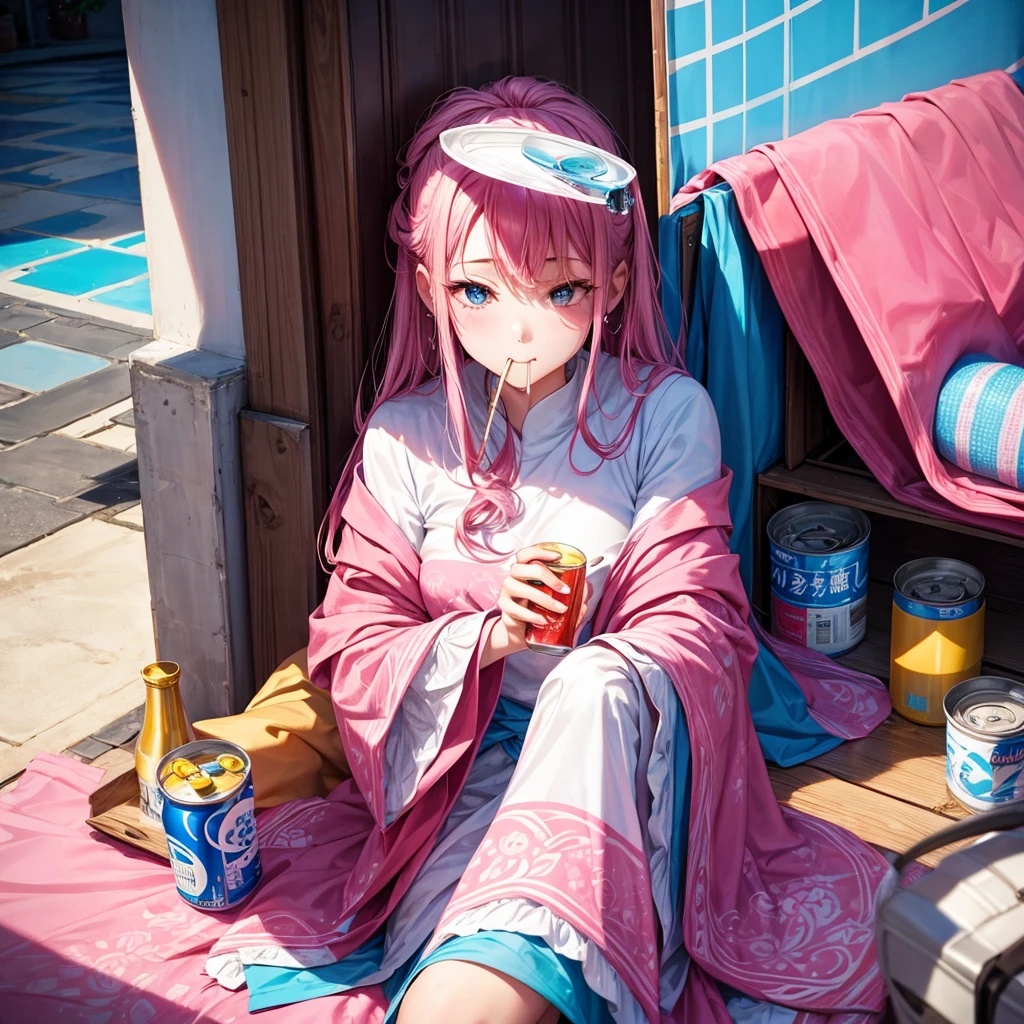 Elegant woman Drinking from a pink and blue can at home, inside the can、 &quot;By oneself&quot; It is written there, Drinking, Duan, Laid back, Be red in the face, glinting, unwind, slightly drunk, productphoto