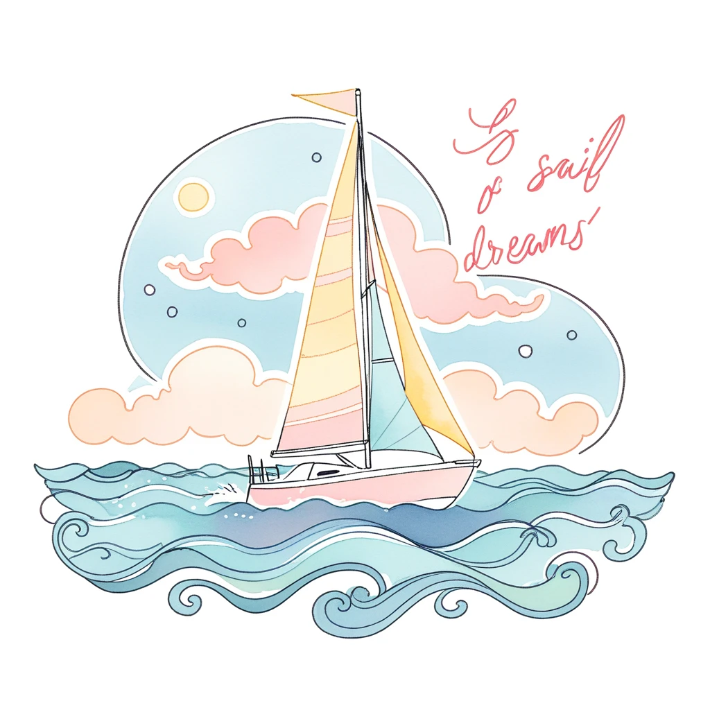 on a white background a simple doodle of a pastel-colored sailboat gliding on calm waters with gentle waves. Text saying 'Sail Towards Your Dreams' - pastel tones of light blue, soft coral, and pale yellow
