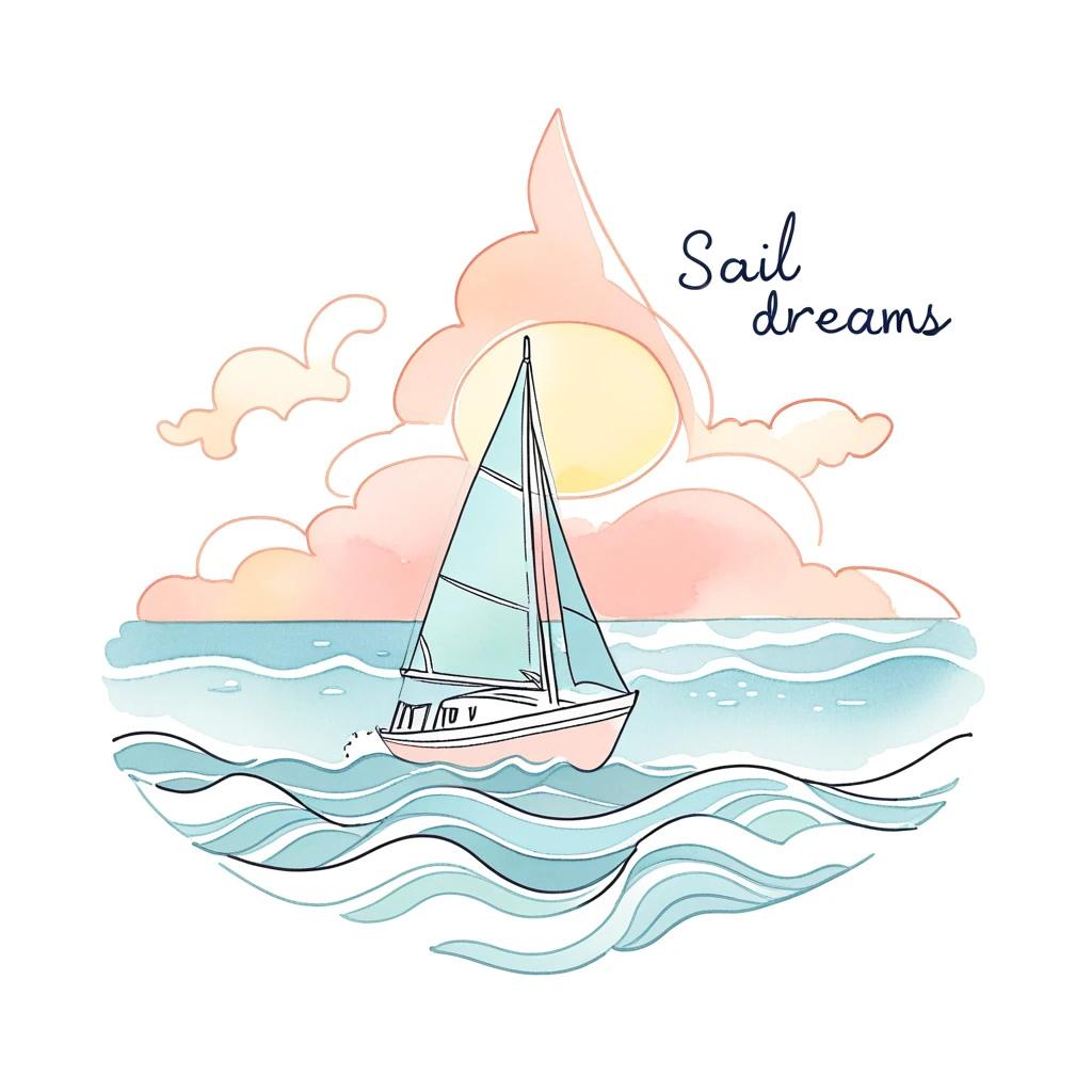on a white background a simple doodle of a pastel-colored sailboat gliding on calm waters with gentle waves. Text saying 'Sail Towards Your Dreams' - pastel tones of light blue, soft coral, and pale yellow