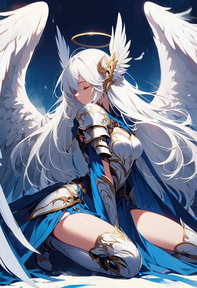 1girl angel angel_wings armor feathers_Long wing feathers_Hair Shoulder Armor Shoulder_Armor single piece_Upper wing separation_The body is white_Theme blue_Wings Wings