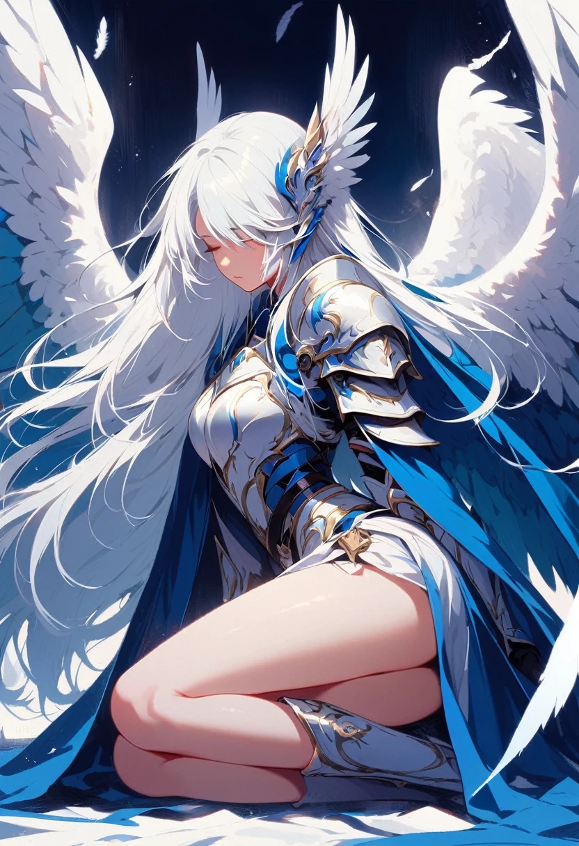 1girl angel angel_wings armor feathers_Long wing feathers_Hair Shoulder Armor Shoulder_Armor single piece_Upper wing separation_The body is white_Theme blue_Wings Wings