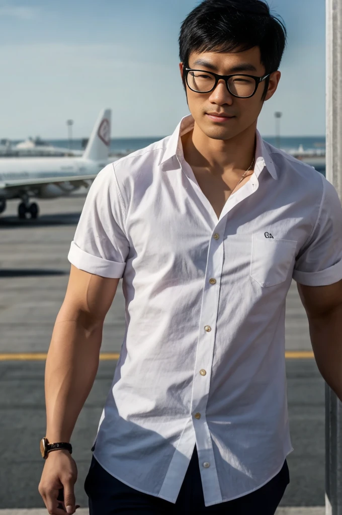 A young Asian man with glasses and large muscles looks at the camera. In a white button-down shirt , seaside beach sunlight looking at the airport