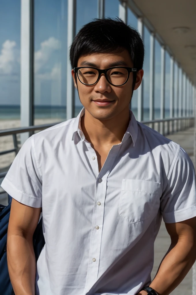 A young Asian man with glasses and large muscles looks at the camera. In a white button-down shirt , seaside beach sunlight looking at the airport