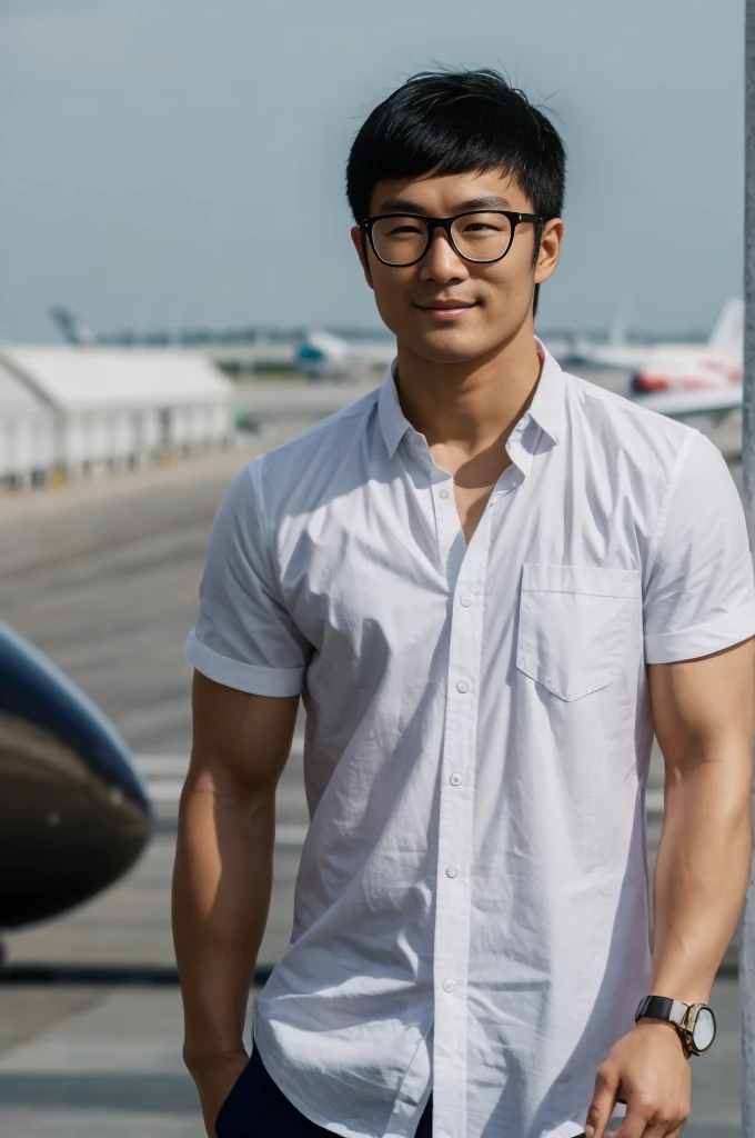 A young Asian man with glasses and large muscles looks at the camera. In a white button-down shirt , seaside beach sunlight looking at the airport