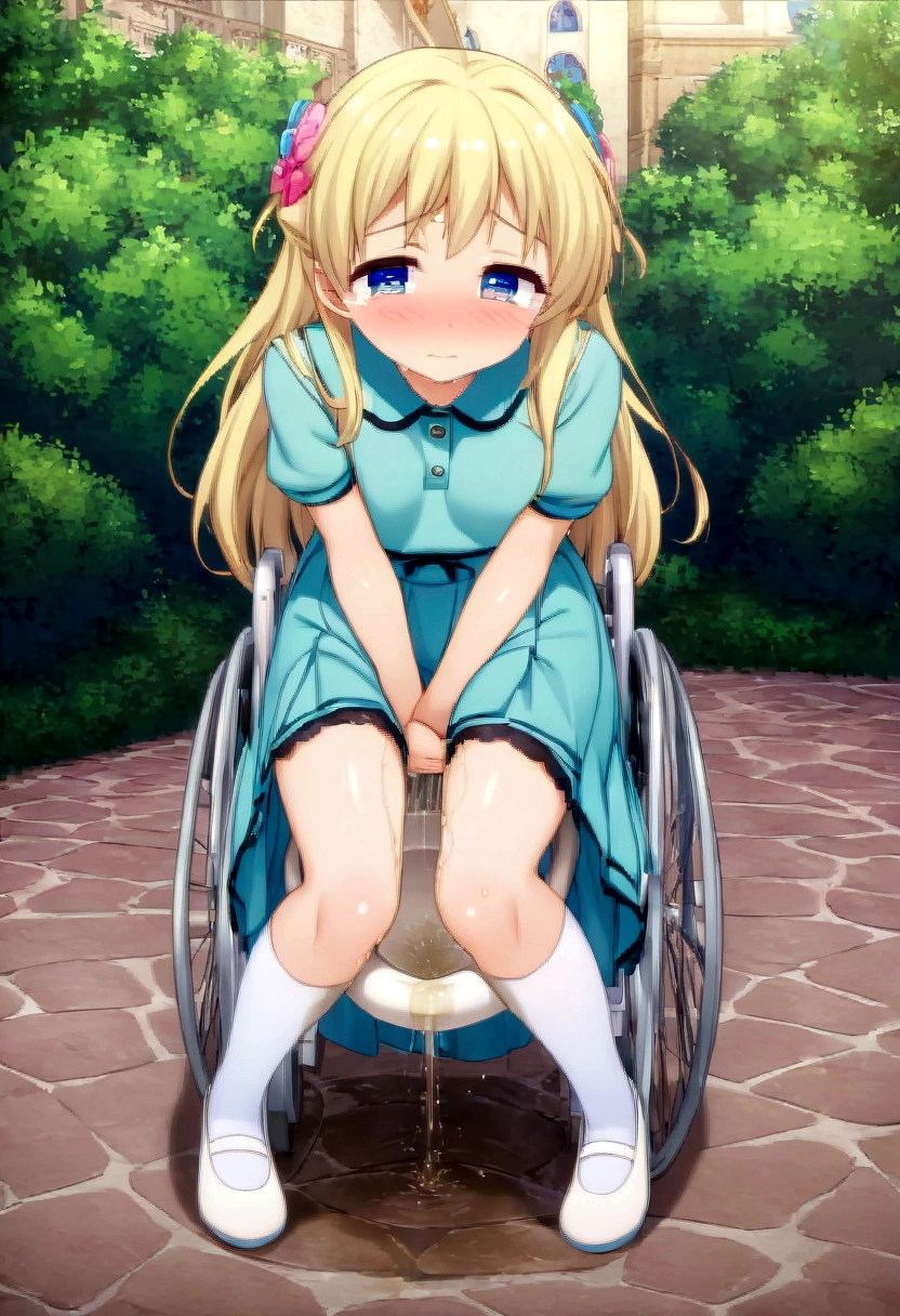 Anime. 1 girl. Baby. Princess. Blonde. Long hair. Blue eyes. Beautiful eyes. Perfect eyes. Expressive eyes. Eyes covered with a faded film. Blind eyes. Blind. Ideal face. Ideal anatomical body. Beautiful long legs. Beautiful body. Beautiful nose. . Embarrassment. Blush. Beautiful character design. Shiny skin. Light white dress. Shoes. Hair decorations. Disabled person. Paralytic. Sitting. Wheelchair. Hands on crotch. Urinary incontinence. Wants to pee. She needs to pee. She has a strong, desperate urge to pee. He squeezes his crotch tightly. Rubs copper. Slight lean forward. She peed herself. Fantasy city. A park. Date. At the entrance to a public toilet. He takes off his wet panties. Tears in my eyes. Cry. Snot flows from the nose. Full body. nsfw. Official art. Extremely detailed CG Unity 8k wallpaper. Ideal lighting. Ultra high resolution 4K. Super detailed 8K. A high resolution.