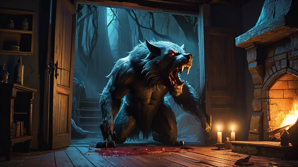 terrifying scene where a lycan, a fearsome werewolf creature, breaks into a small, rustic cottage. The cottage, nestled in the heart of a dark forest, is illuminated by the warm glow of a fireplace and a few flickering candles, casting eerie shadows across the room.
The lycan, with its menacing, muscular form and sharp, gleaming fangs, bursts through the wooden door, splintering it into pieces. Its fur is matted and dark, eyes glowing with a predatory intensity. The room is filled with a sense of chaos and fear as the lycan's claws dig into the wooden floor, leaving deep gouges.
Inside the cottage, furniture is overturned, and personal belongings are scattered in disarray. The cozy, once safe space now feels claustrophobic and dangerous. A faint trail of blood on the floor suggests a struggle, heightening the tension and urgency of the scene.
This image captures the raw power and primal terror of the lycan's intrusion, creating a vivid and gripping moment of suspense and horror in a medieval dark fantasy setting.