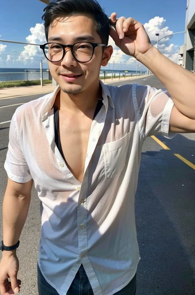 A young Asian man with glasses and large muscles looks at the camera. In a white button-down shirt , seaside beach sunlight looking at the airport