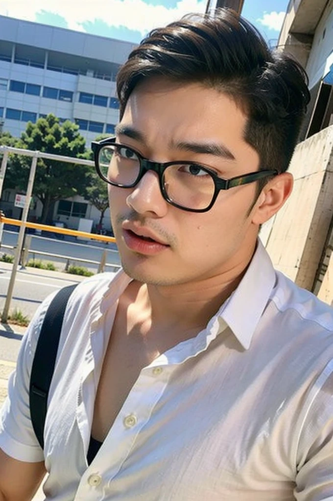 A young Asian man with glasses and large muscles looks at the camera. In a white button-down shirt , seaside beach sunlight looking at the airport