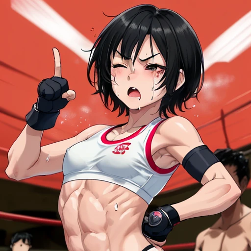 Injured Japanese female high school mixed martial artist during a match in the ring。Short black hair。Taking a fighting pose、Glaring at someone。A regretful look。One eye closed。Out of breath。Drooling from the mouth。Drenched in sweat。A well-trained body。Six Pack Abs。Small breasts。Erect nipples。White and pink sports bra、Bikini Shorts。Open Finger Gloves。