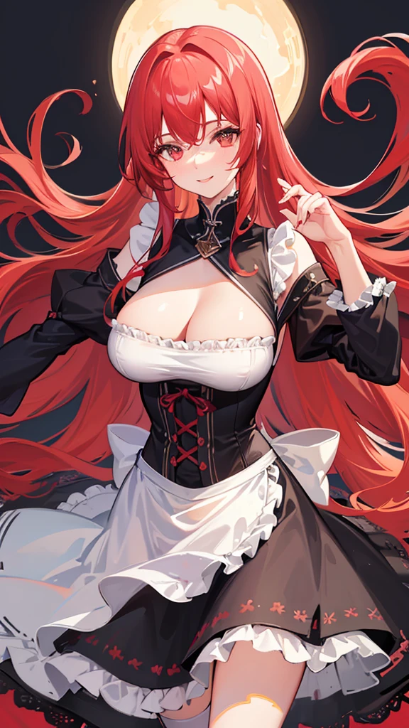 Highest quality, shape, Very detailed, In detail, High resolution, 8k wallpaper, Perfect dynamic composition, Beautiful details, Center of chest, Natural color lip, Random sexy poses,smile,20-year-old girl,Huge , A woman with long wavy red hair wearing a black dress and a white lace apron