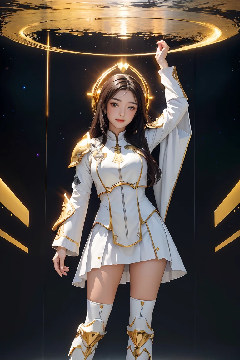 ((masterpiece, best quality, extremely detailed), volumetric lighting, ambient occlusion, colorful, glowing), 1girl, solo, young girl, (dark hair), long hair, halo, aura, sacred, goddess, cleric suit, (white outfit with gold detailst:1.3), armor, outdoors, sunset, sky, clouds, space, (fantasy theme:1.2), full body armor