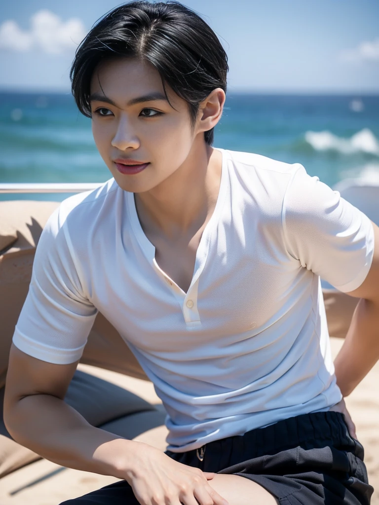 young asian man in a black polo shirt sitting on the grass with a serious expression, looking into the distance Turn your head slightly.，daytime (Create a masterpiece: 1.2),(CGI art:1.3),(realistic:1.5),(After processing:1.3), (Sharp focus:1.3), 1 man, open mouth, smile, (shirt:1.5), Navy cargo pants, Korean guy , korean men, (High gloss details), chest muscles, large arm muscles, blood vessel, Big muscles, Broad shoulders, looking at the audience, Balancing the eyes, seaside beach sunshine looking at the sea