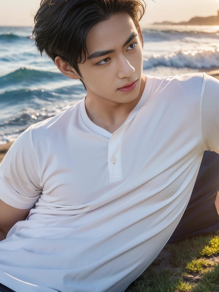 young asian man in a black polo shirt sitting on the grass with a serious expression, looking into the distance Turn your head slightly.，daytime (Create a masterpiece: 1.2),(CGI art:1.3),(realistic:1.5),(After processing:1.3), (Sharp focus:1.3), 1 man, open mouth, smile, (shirt:1.5), Navy cargo pants, Korean guy , korean men, (High gloss details), chest muscles, large arm muscles, blood vessel, Big muscles, Broad shoulders, looking at the audience, Balancing the eyes, seaside beach sunshine looking at the sea