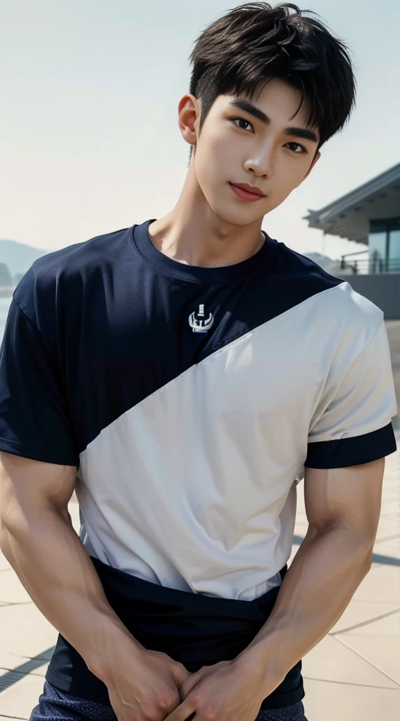 (As a matter of fact, Masterpiece, 8k HD, good light quality, sportswear, fit the face, complicated details), A handsome and muscular young Korean man., Have muscles, (Buzzcut short hair:1.5) ,(Broad shoulders:1.3), 20 years old, be happy, smile brightly, detailed face, delicate eyes, มองดูsky, (Wear a navy tight T-shirt.:1.6), period, black eyes, Black hair color, ผมsmooth, smooth, outdoor sports, Along the garden, Sunny,sky,