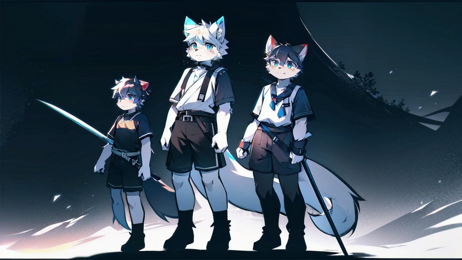 White Wolf，black hair，Sky blue eyes，hairy，Wolf ears，Wolf tail，Full body portrait，The character is in the center of the frame，Handsome，Confident eye***but，juvenile，Black and white combat uniform，Red neck bib，Black shorts，Short sleeve，hairy arms and legs，Dark background，Dark battlefield，dawn，sunrise，dawn，illumination，shadow，Swordsman，Scabbard and Hold the hilt of a in your hand，The scabbard is at the waist，Highest quality,A tall stature