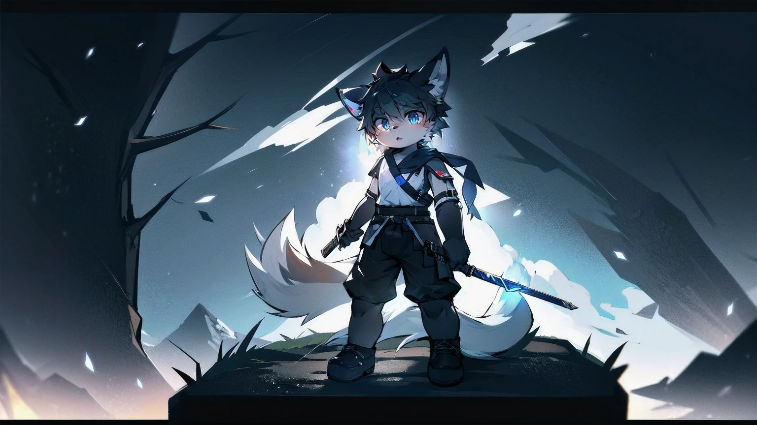 White Wolf，black hair，Sky blue eyes，hairy，Wolf ears，Wolf tail，Full body portrait，The character is in the center of the frame，Handsome，Confident eye***but，juvenile，Black and white combat uniform，Red neck bib，Black shorts，Short sleeve，hairy arms and legs，Dark background，Dark battlefield，dawn，sunrise，dawn，illumination，shadow，Swordsman，Scabbard and Hold the hilt of a in your hand，The scabbard is at the waist，Highest quality,A tall stature