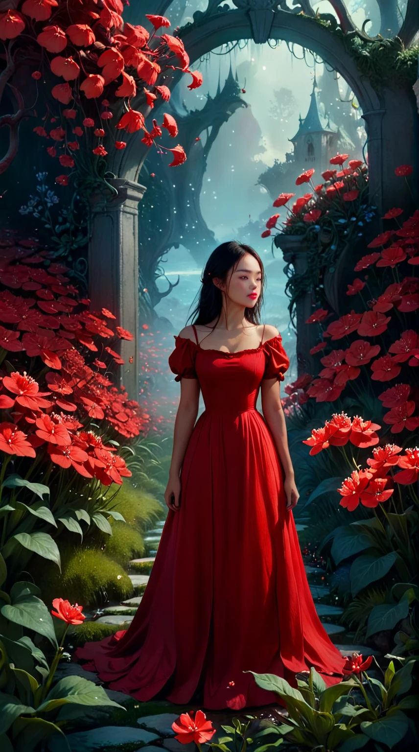 there is a woman standing in a red flower garden, lost in a dreamy fairy landscape, inspired by Jakub Schikaneder, in a red dream world, dreamlike digital painting, fantasy digital painting, jessica rossier fantasy art, alice x. zhang, beautiful art uhd 4 k, beautiful digital artwork, beautiful render of a fairytale, inspired by Andreas Rocha