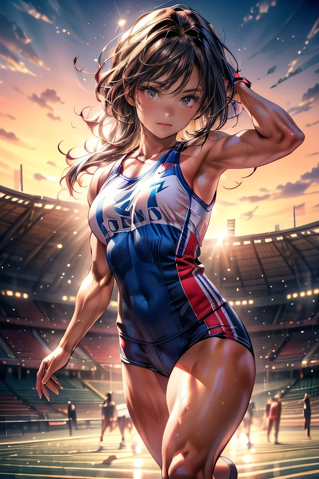 at the track and field stadium, 1 female track and field athlete, muscular physique, athletic pose, dynamic motion, graceful movements, sharp focus, powerful strides, sweat glistening, intense expression, cinematic lighting, dramatic composition, high contrast, vibrant colors, photorealistic, hyper-detailed, masterpiece, (best quality,4k,8k,highres,masterpiece:1.2),ultra-detailed,(realistic,photorealistic,photo-realistic:1.37)