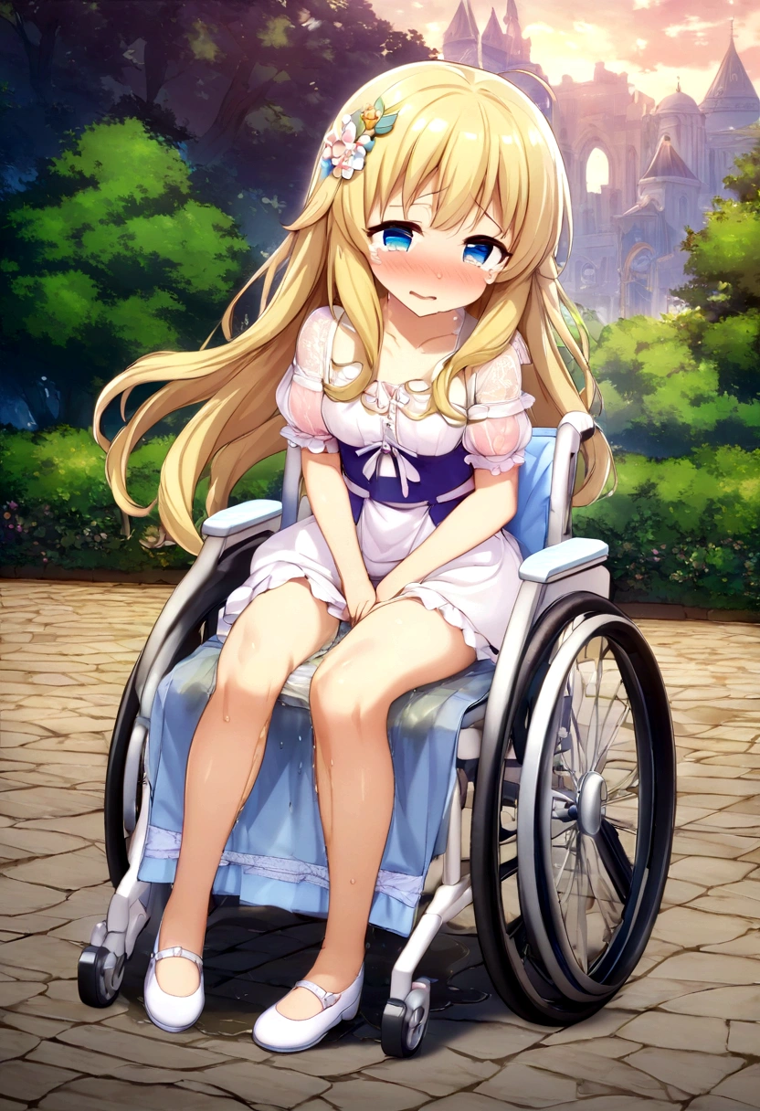 Anime. 1 girl. Baby. Princess. Blonde. Long hair. Blue eyes. Beautiful eyes. Perfect eyes. Expressive eyes. Eyes covered with a faded film. Blind eyes. Blind. Ideal face. Ideal anatomical body. Beautiful long legs. Beautiful body. Beautiful nose. 12 years old. Embarrassment. Blush. Beautiful character design. Shiny skin. Light white dress. Shoes. Hair decorations. Disabled person. Paralytic. Sitting. Wheelchair. Hands on crotch. Urinary incontinence. Wants to pee. She needs to pee. She has a strong, desperate urge to pee. He squeezes his crotch tightly. Rubs copper. Slight lean forward. She peed herself. Fantasy city. A park. Date. He takes off his wet panties. Tears in my eyes. Cry. Snot flows from the nose. Full body. nsfw. Official art. Extremely detailed CG Unity 8k wallpaper. Ideal lighting. Ultra high resolution 4K. Super detailed 8K. A high resolution.