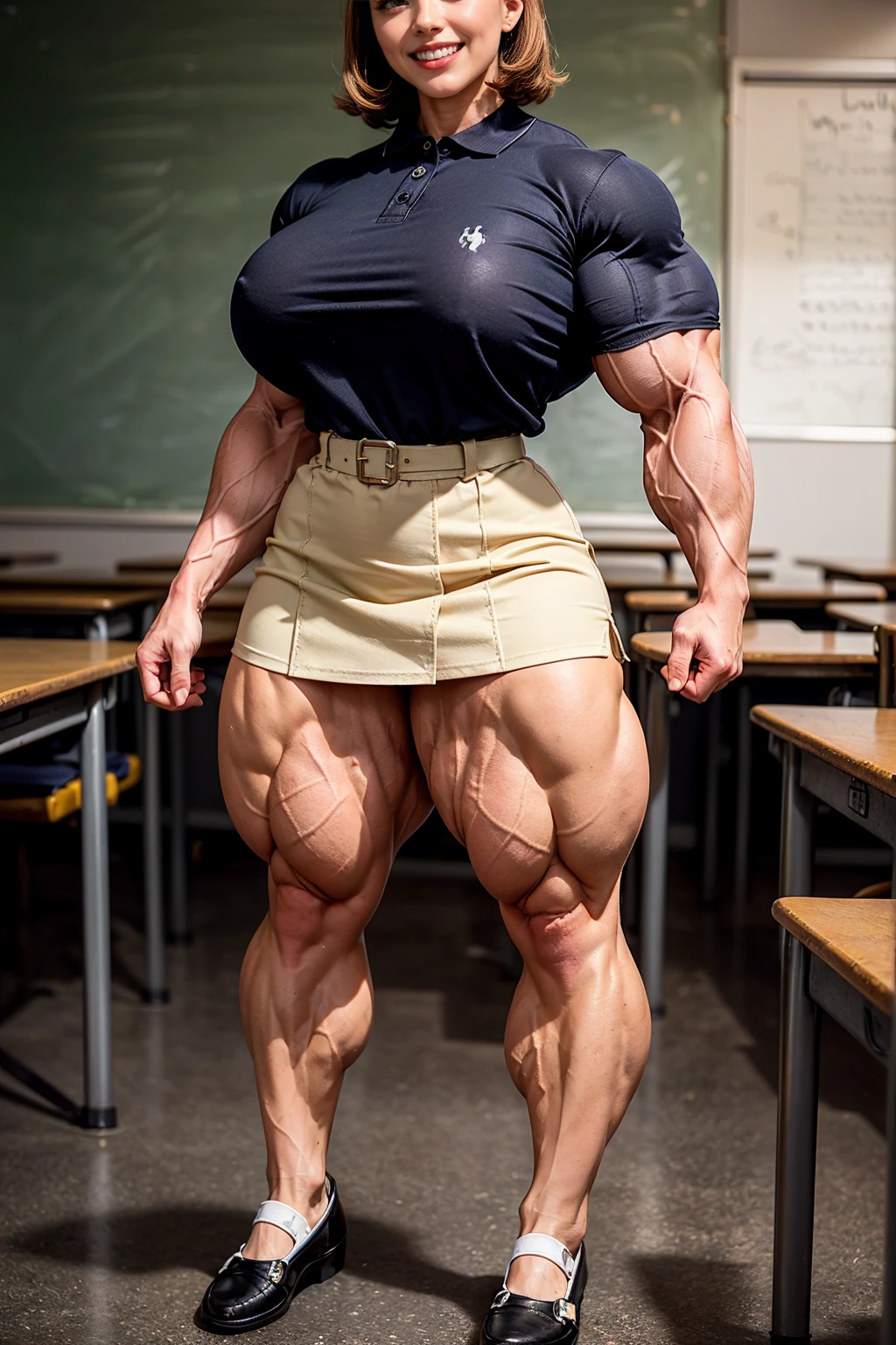 (Muscular:1.8), (extremely muscular legs muscles:1.8), (large round breasts:1.4), (large muscular chest and shoulders:1.1), FEMALE, brown hair, long brown hair, (big smile:1.6), (wearing a 1950's style polo shirt and skirt and flats shoes:1.5), looking at viewer, (three quarter view:1.2), upper body view, (1950's school classroom:1.5), dark lighting, detailed skin, detailed eyes, (clean skin:1.5), (very thin waist:1.7), (huge body muscles:1.7), (one protagonist:1.5), (tall:1.5),