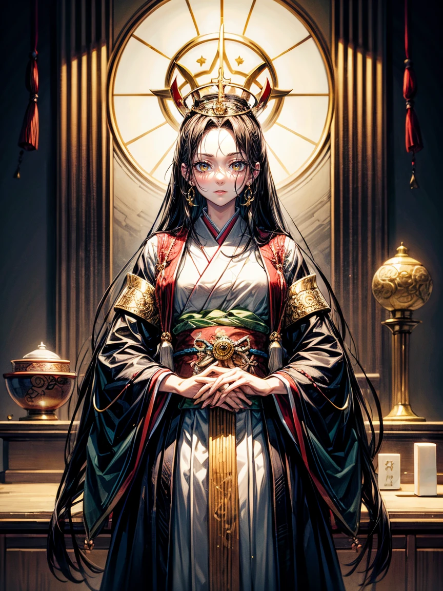 Himiko, Ancient Japan, Queen, Shaman,((Forehead high)),,Long black hair, Dark brown eyes, Luxurious clothing, Crown, Sacred Altar,Dignified look,stand up,smile,Yellow Eyes