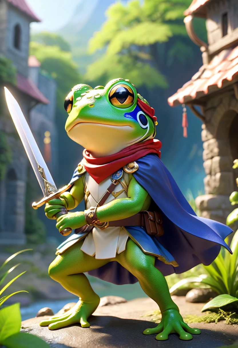 Esbian all over、Cool Frog、Pop Frog、Diorama、Simple Background、bandana、Holding a big sword in his hand、Brave、Cape、Best Quality, Capture the cutest moments, Depth of written boundary, Super detailed, Ultra-high resolution, Octadale, 8k, 16km race