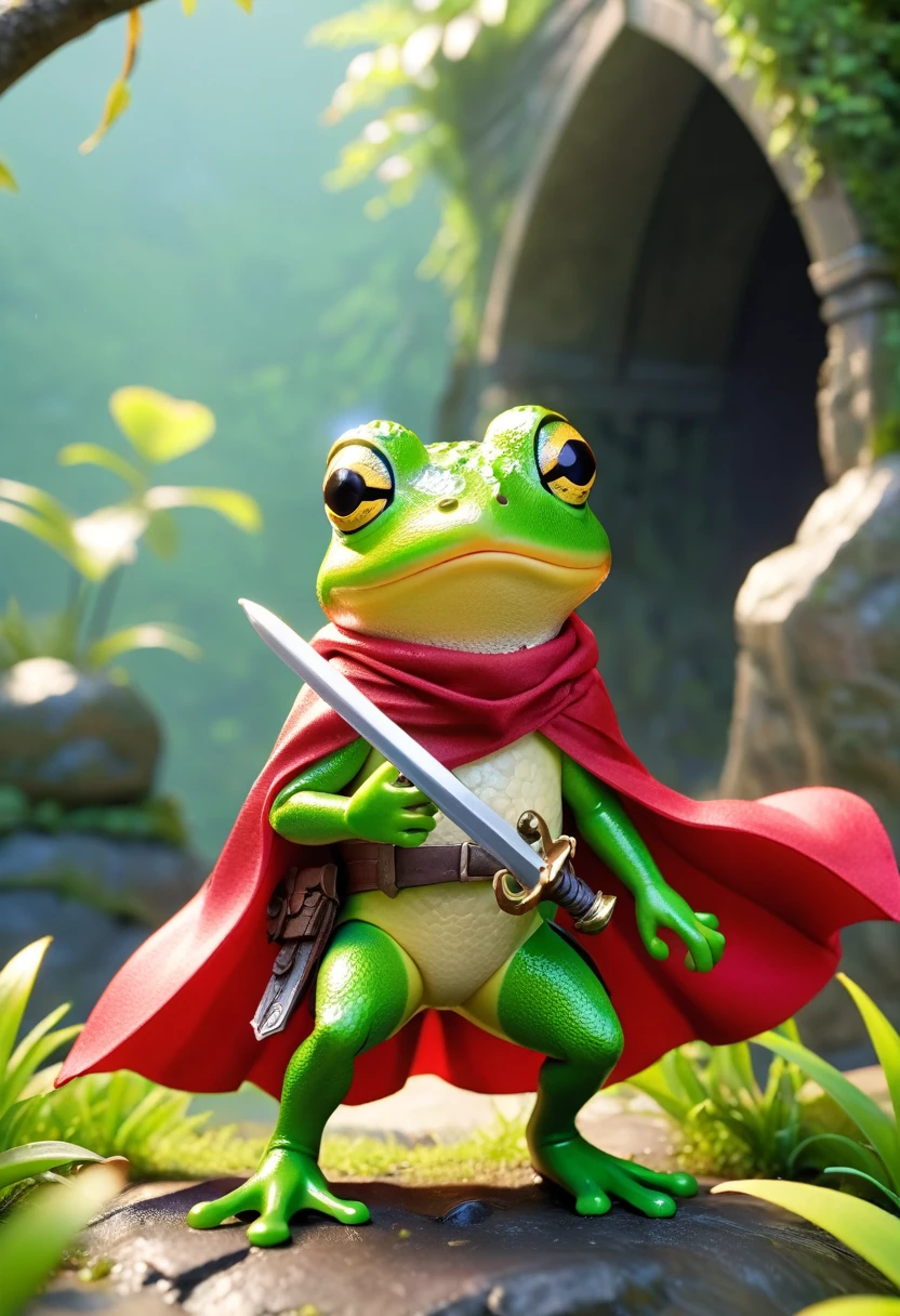 Esbian all over、Cool Frog、Pop Frog、Diorama、Simple Background、bandana、Holding a big sword in his hand、Brave、Cape、Best Quality, Capture the cutest moments, Depth of written boundary, Super detailed, Ultra-high resolution, Octadale, 8k, 16km race