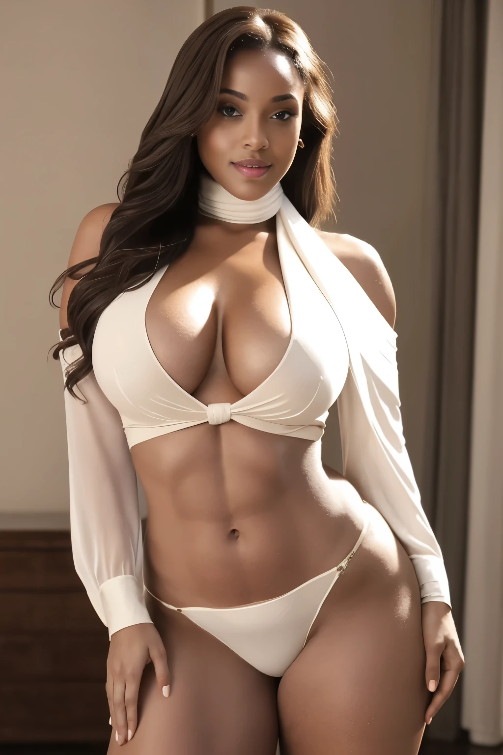 (8K, best quality, masterpiece), This image captures a woman with a physique reminiscent of Cherokee D'Ass. She has a demure chest, a tiny waist, and small but curvaceous breasts that sit perfectly against her frame. Her skin is rich in color and has a beautiful, glistening complexion. She wears a white blouse with a taupe scarf, tied loosely around her neck, allowing it to fall off her shoulder, revealing a hint of her ample cleavage. The soft studio light illuminates her figure, highlighting her femininity and sensuality. The cinematic lighting and high detail accentuate her wide hips, which