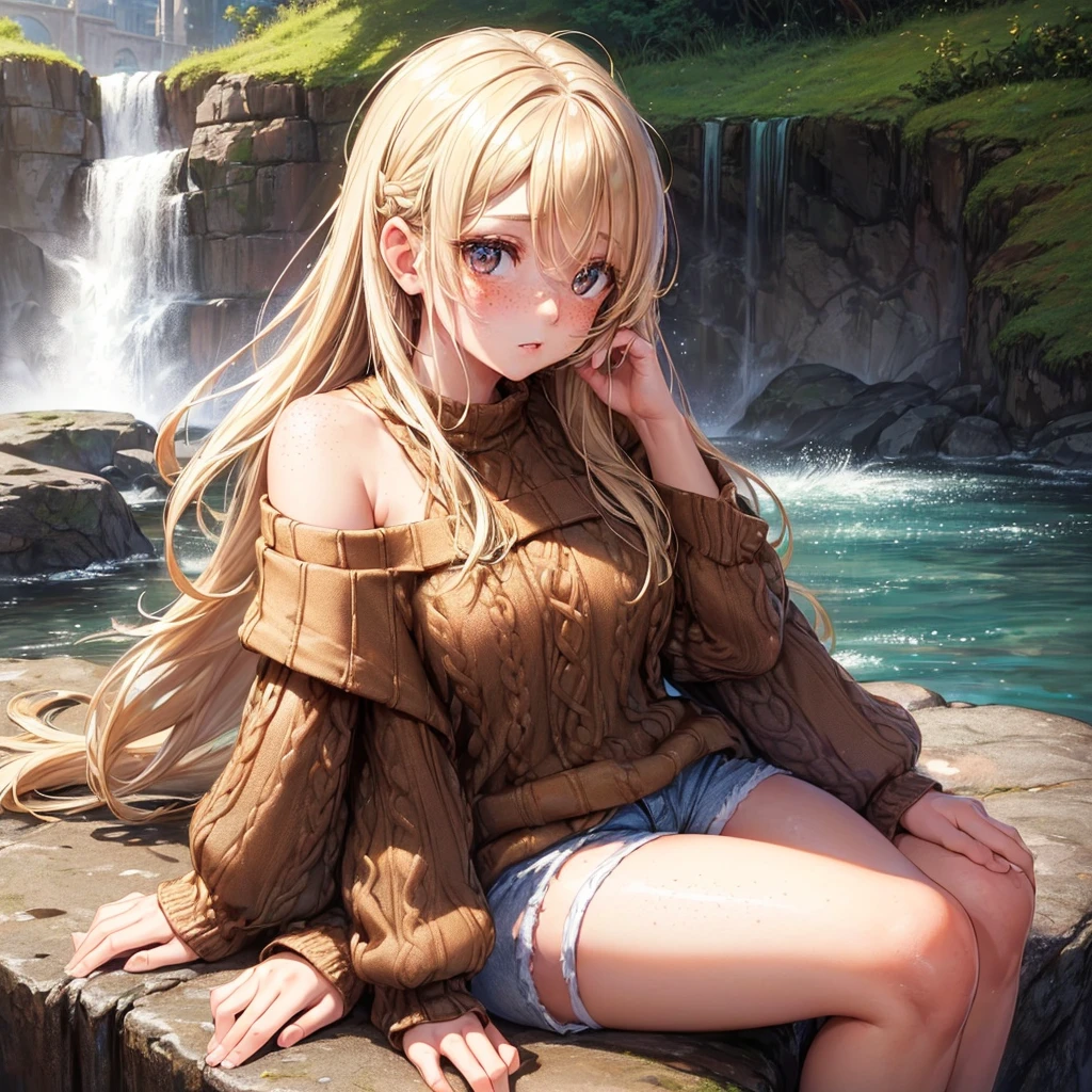 ((female, innocent eyes, brown colored eyes, soft blonde hair, alluring look, sitting on rock in foreground waterfall in background, freckles, brown off the shoulder sweater, loose white shorts, blushing))