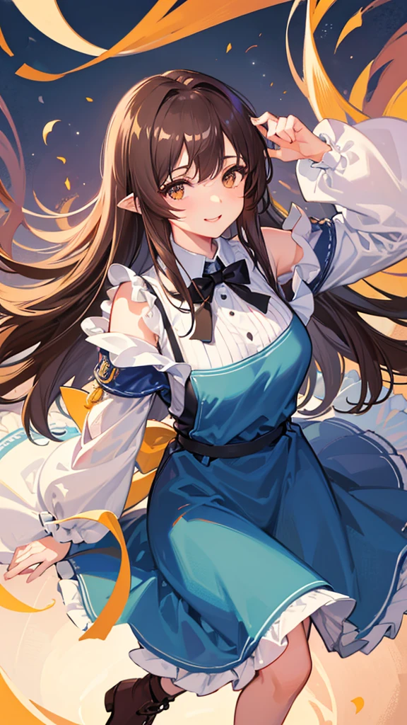 
Highest quality, shape, Very detailed, In detail, High resolution, 8k wallpaper, Perfect dynamic composition, Beautiful details, Center of chest, Natural color lip, Random sexy poses,smile,20-year-old girl,Huge , A woman with long, straight brown hair wearing a blue dress and a black apron
