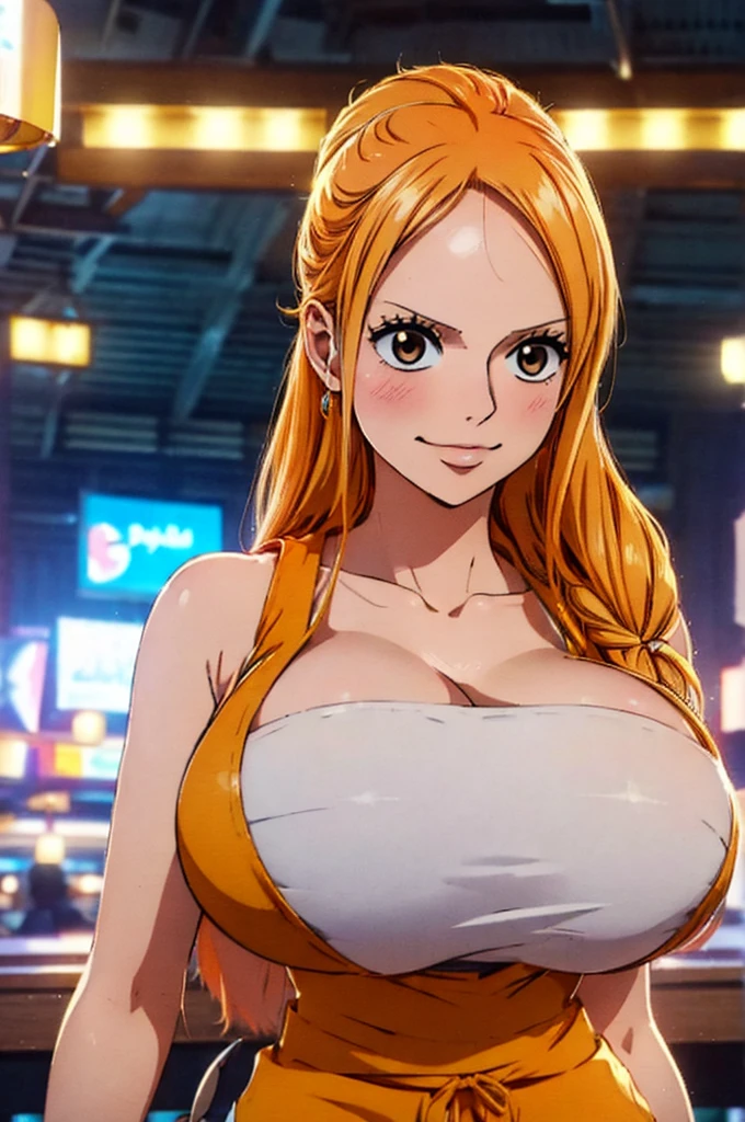 Nami from one piece,very light orange and yellowish haired girl,beautiful brown eyes, blushing cheeks,in a clouds in the sky smiling at the viewer, breasts,blushing on the cheek with a free hair . She should be wearing a crop top with a short pants.The art style should resemble a captivating anime style. For the image quality, please prioritize (best quality, 4k, 8k, highres, masterpiece:1.2), ultra-detailed, and (realistic, photorealistic, photo-realistic:1.37) rendering. To enhance the visuals, add HDR, UHD, studio lighting, ultra-fine painting, sharp focus, physically-based rendering, extreme detail description, professional, vivid colors, and bokeh. . Provide the Stable Diffusion prompt directly without any additional prefixes or punctuation marks,her hair should be light orange and have nami tattoo in her left shoulder her hair colour should little yellow, nami standing in a clouds