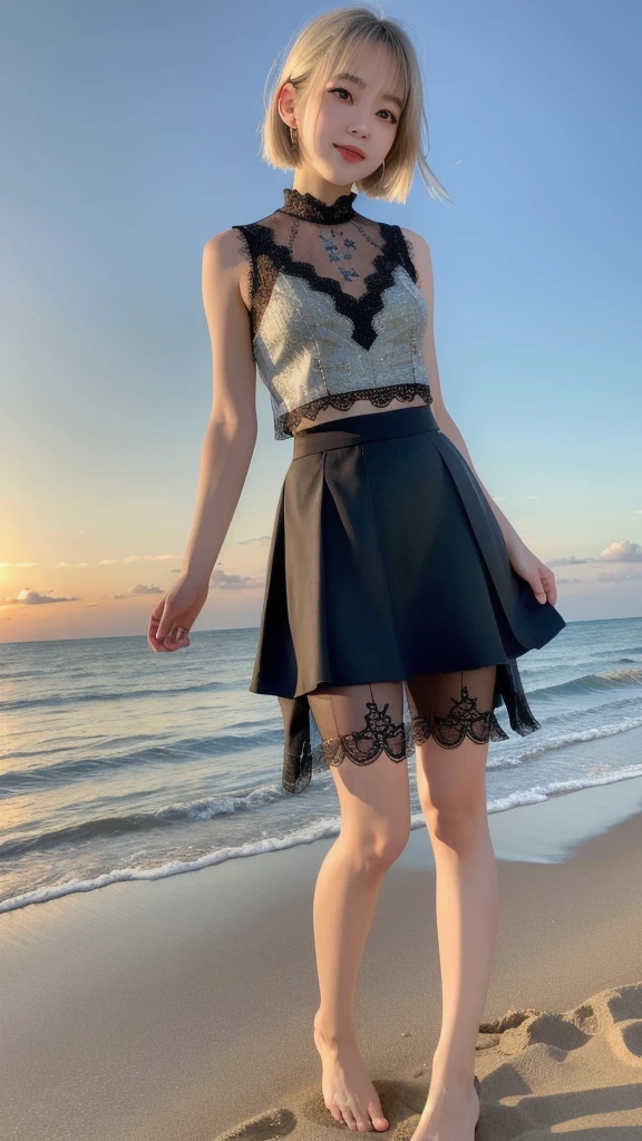 (8K, Photorealistic, Raw photo, Highest quality: 1.4),Japanese idol-style beautiful girl,1 person,18-year-old,(Short Bob),(Silver Hair :1.2),She has her hair tucked behind her ears,My hair is blowing in the strong wind,Clear grey eyes,Long eyelashes,(piercings(small)),(Lip gloss),lips(Plump,glossy),thin long neck,(camisole),(flare skirt(Layered lace)),tights(Mesh),barefoot,(Sleeveless jacket((Lace embroidery),(Mesh))Layering),She is holding her removed pumps in both hands.,Evening seaside,White sand beach,The background is the sun setting on the horizon,Date with boyfriend,Smiling at the camera,Knee shot portrait
