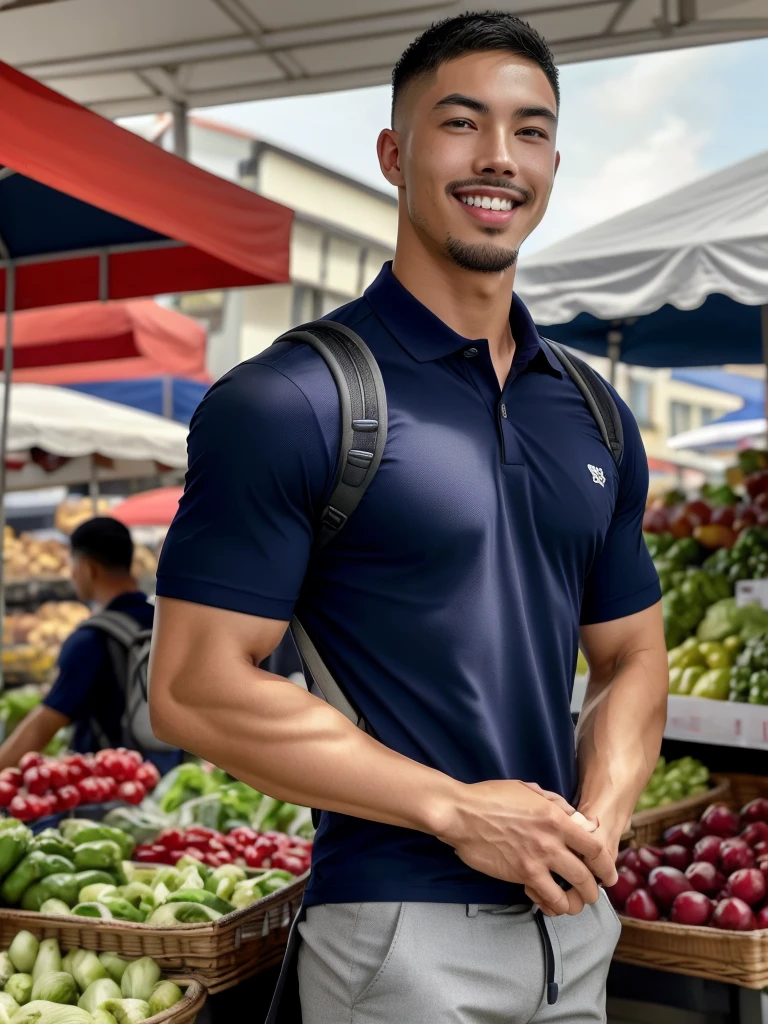 Tony Labrusca, Young man in a navy blue polo shirt Standing at the edge of the market with a smile on his face, looking into the distance Turn your head slightly.,Cloudy day, (Backpack:1.2)