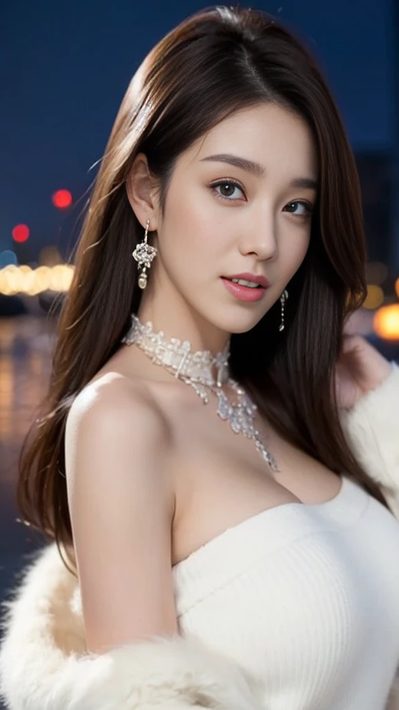 (22 year old female), (big breasts:1.3),  ((grab the viewer&#39;s hand)), night view in the background、Navy high neck sweater dresaster piece: 1.3), (maximum resolution: 1.4), (ultra high vision: 1.2), cinematic light, ultra high vision, (fine eyes and skin), (detailed facial features),  8K resolution, perfect style, beautiful expression、Highly detailed face and skin texture、detailed eye、double eyelid、eye shadow:1.2、glitter eyeliner:1.2、thin cheeks、shiny skin、(pure white skin:1.3)、small shiny necklace and earrings,glossy lips:1.2、((full body shot:1.2))、((from a very intimate distance:1.2))、(straight hairstyle、dark brown hair)、long hair、(very affectionate smile:1.3)、From above