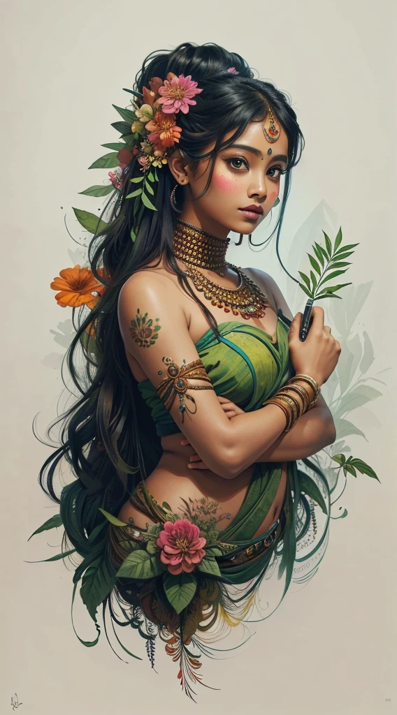 The image shows a breathtaking and stunningly beautiful East Indian girl, whose body is fused with flowers and foliage, Color Vibrant, in the style of a high resolution pen and ink drawing, isographic portrait, hard edges, high qualiy, minimalist art, ultra HD, 4K, 8K