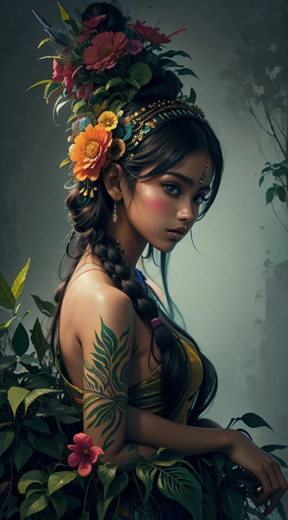 The image shows a breathtaking and stunningly beautiful East Indian girl, whose body is fused with flowers and foliage, Color Vibrant, in the style of a high resolution pen and ink drawing, isographic portrait, hard edges, high qualiy, minimalist art, ultra HD, 4K, 8K