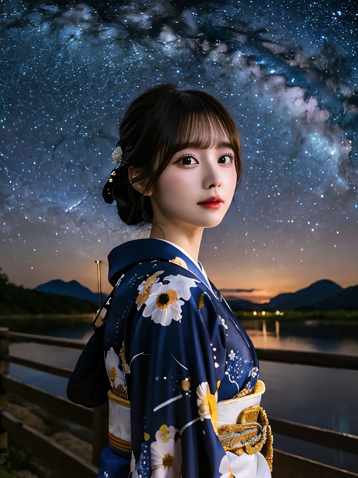 25-year-old beautiful girl、milky way sky background、detailed beautiful faces、Kimono、Night、Starscape、Portrait、8K、RAW photo